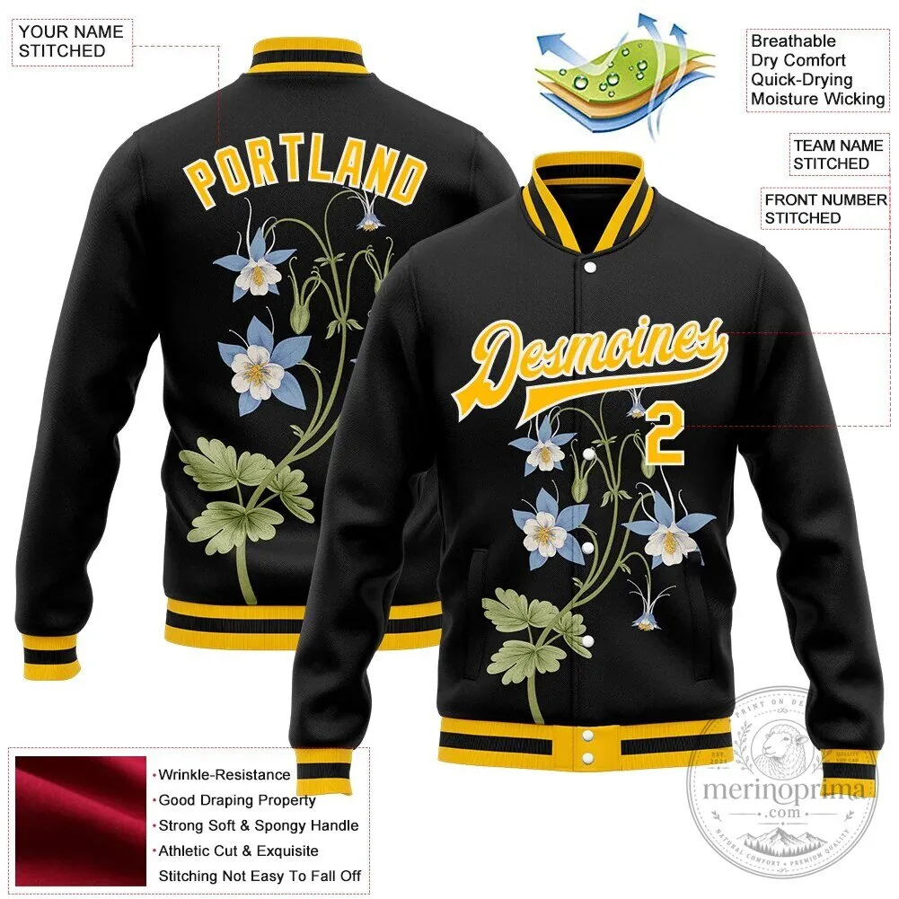 Colorado Rocky Mountain Columbine Flower Custom Black Gold Varsity Jacket 13 Colorado Rocky Mountain Columbine Flower Custom Black Gold Varsity Jacket