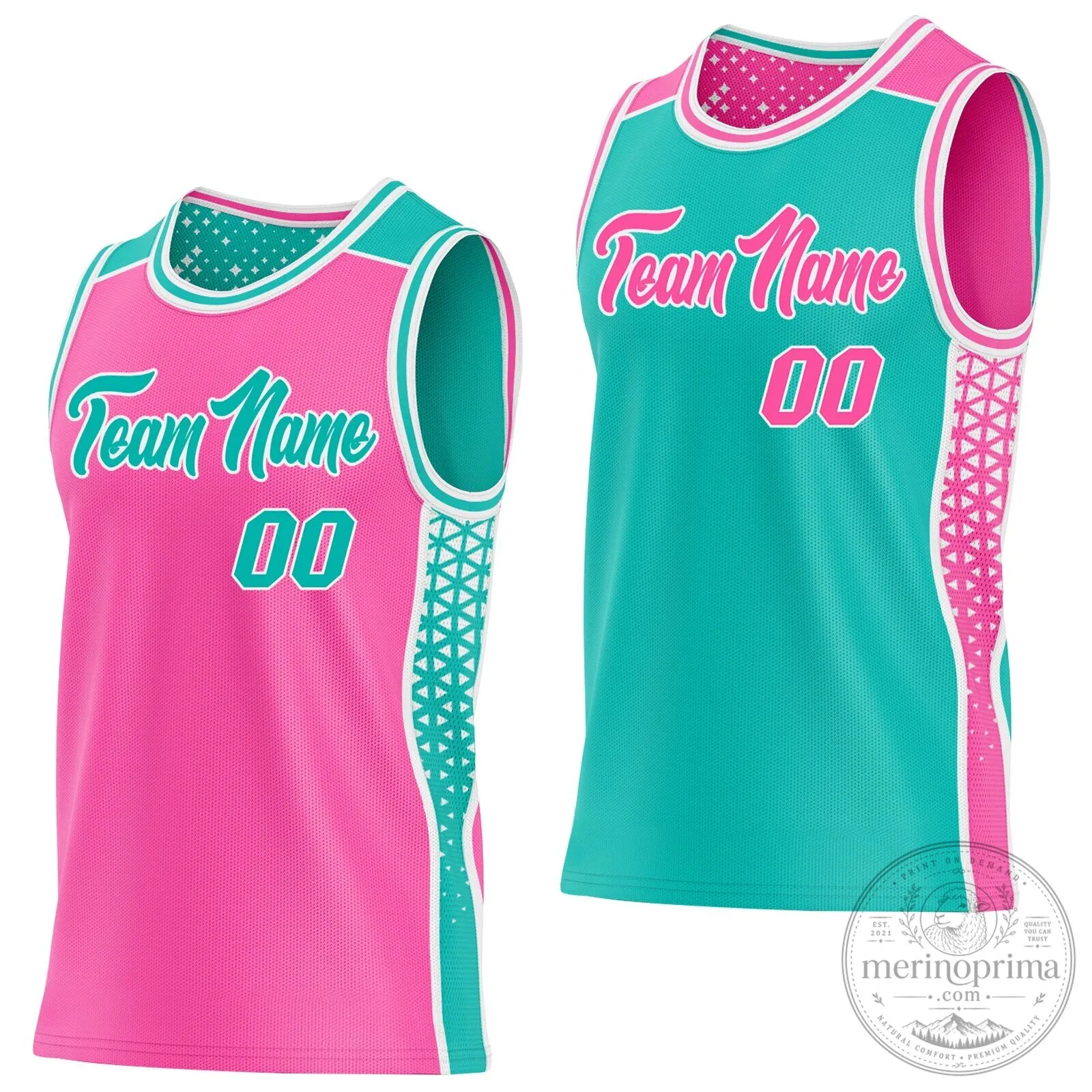 Custom Pink Aqua White Geometric Gradient Reversible Basketball Jersey