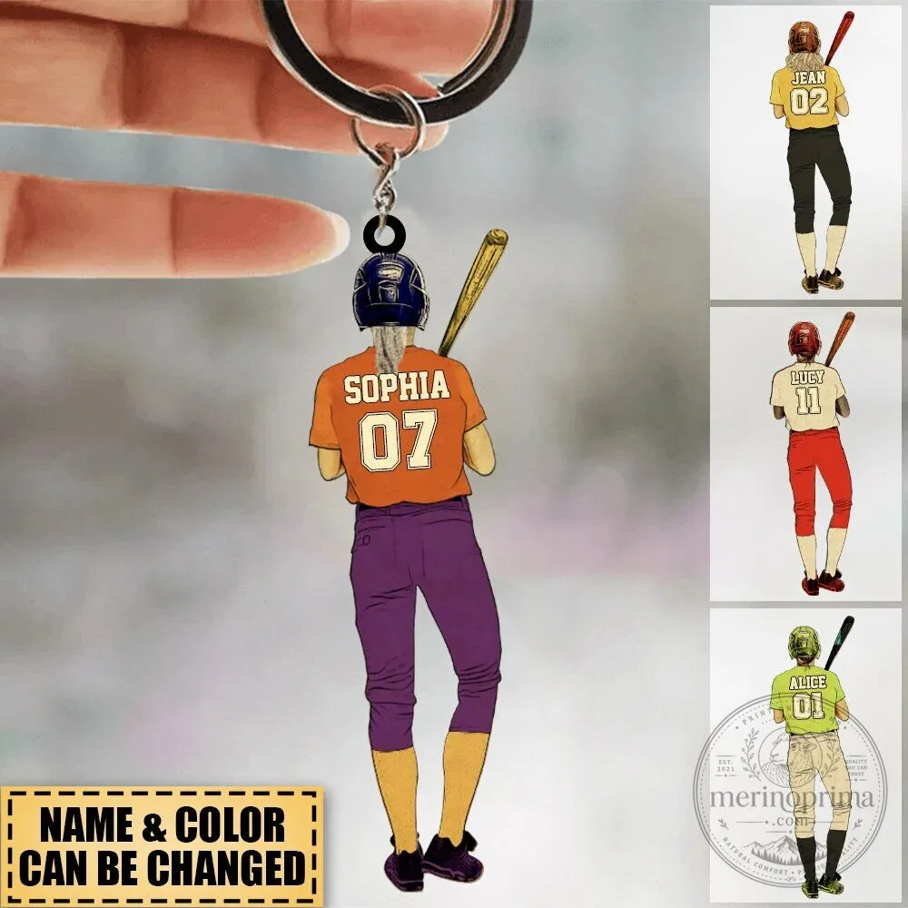 Personalized Softball Player Girl Custom Name and Number Acrylic Keychain