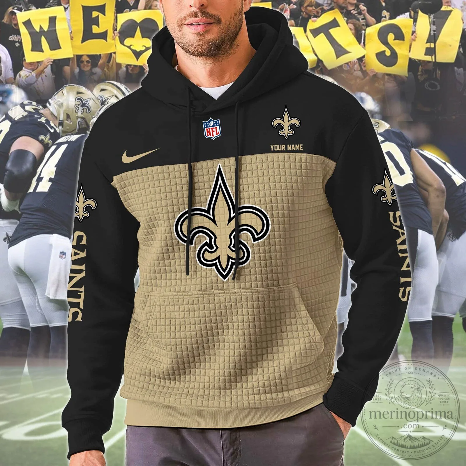New Orleans Saints Black Gold Color Block Quilted Pullover Hoodie