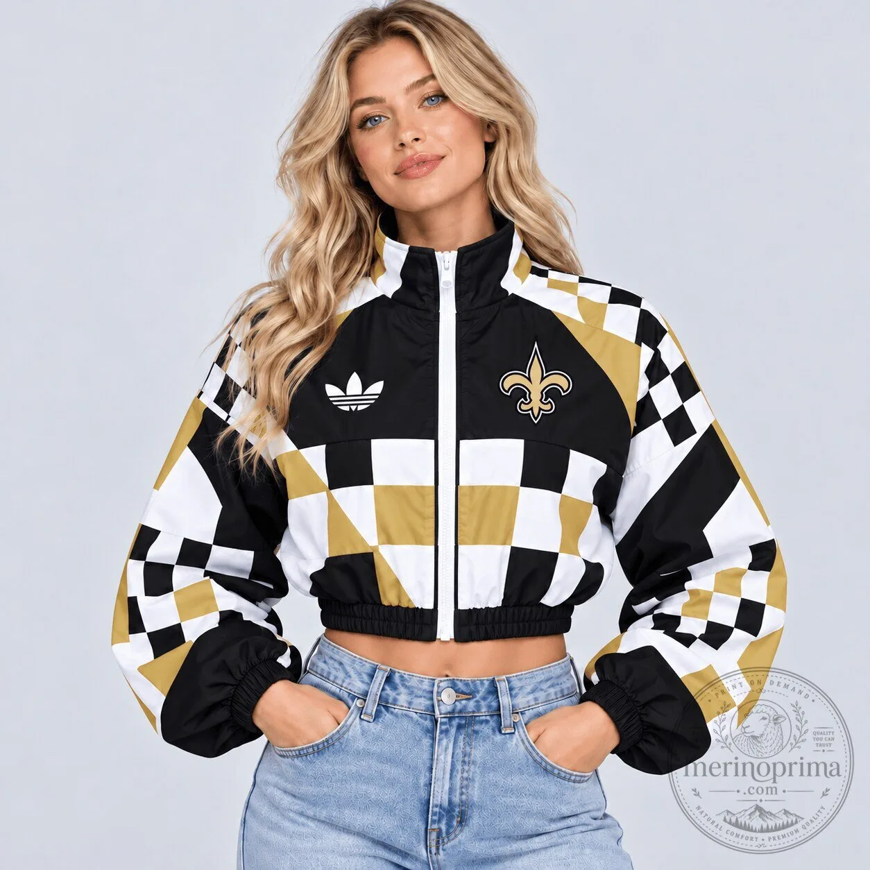 New Orleans Saints NFL Racing Checkered Flag Colorblock Full Zip Cropped Jacket