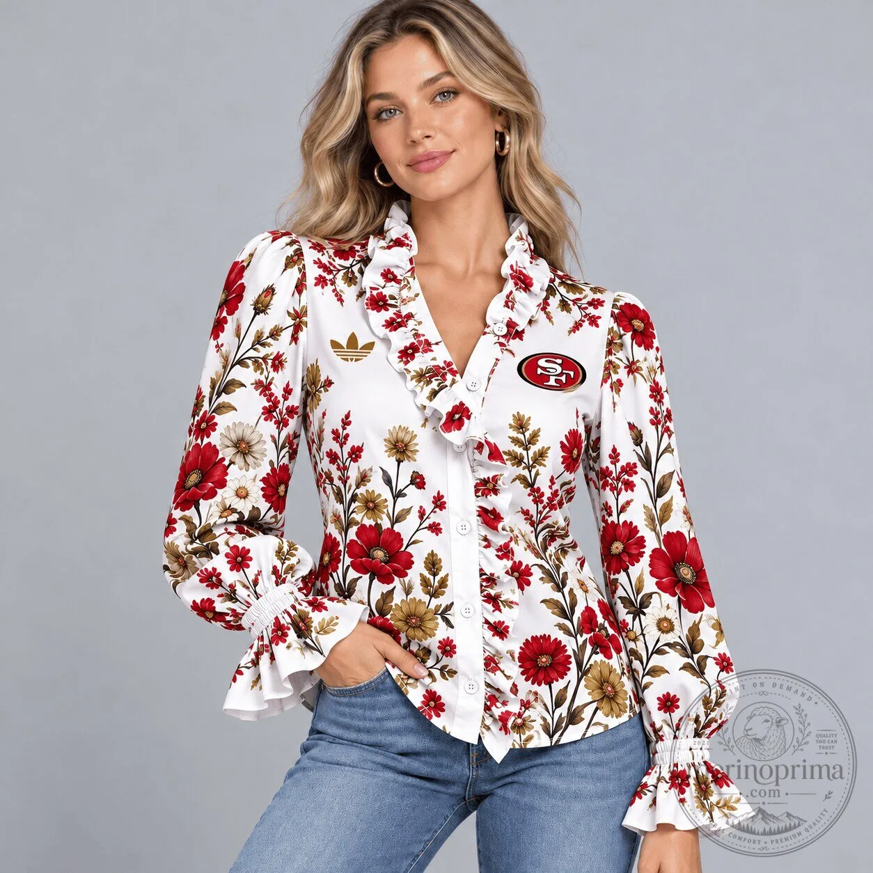 San Francisco 49ers Floral Ruffle Neck Long Sleeve Button Down Blouse