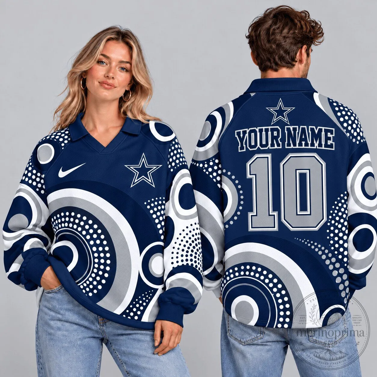 Dallas Cowboys Custom Name Number Geometric Circle Print Long Sleeve Polo Shirt