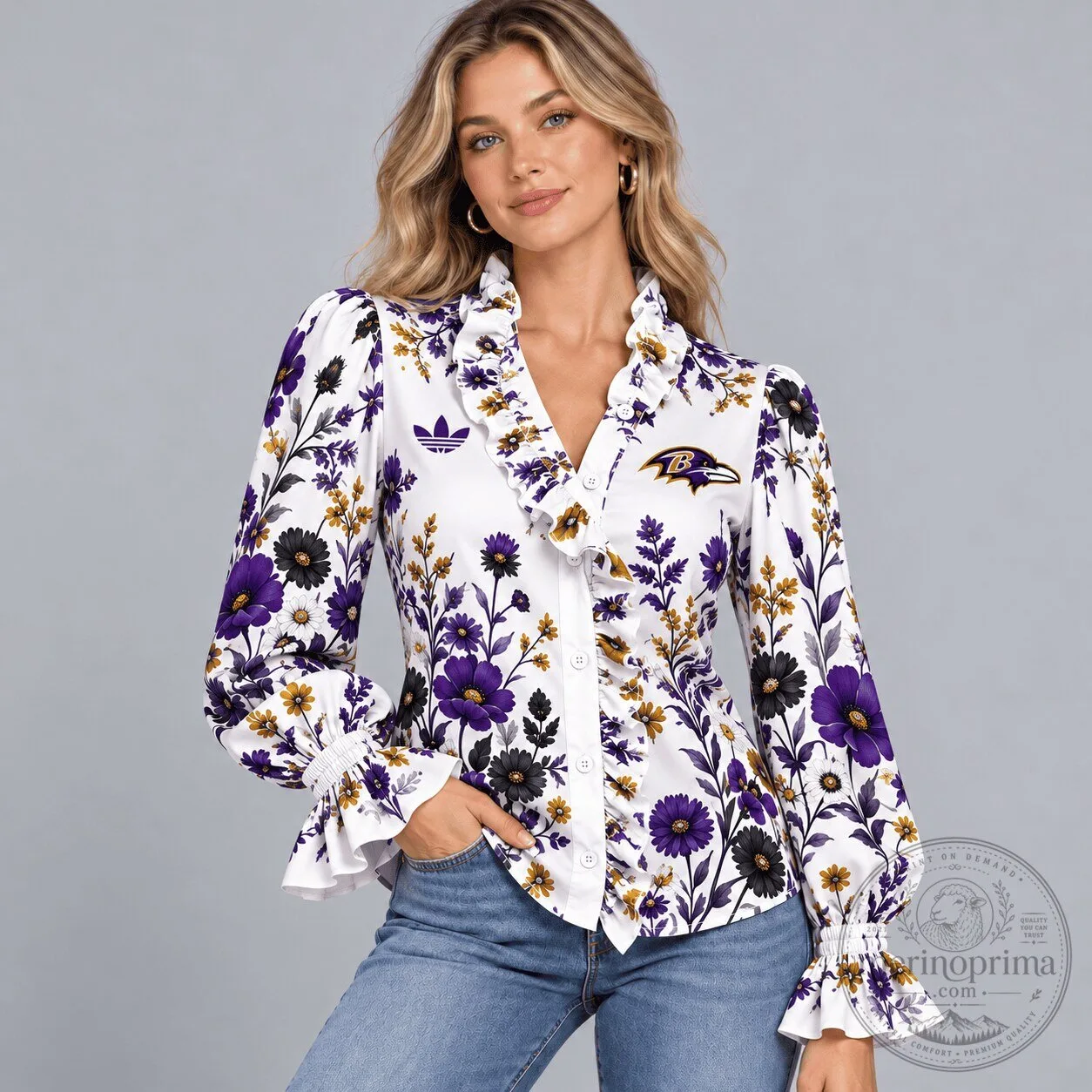 Baltimore Ravens Floral Print Ruffle Neck Long Sleeve Button Down Blouse