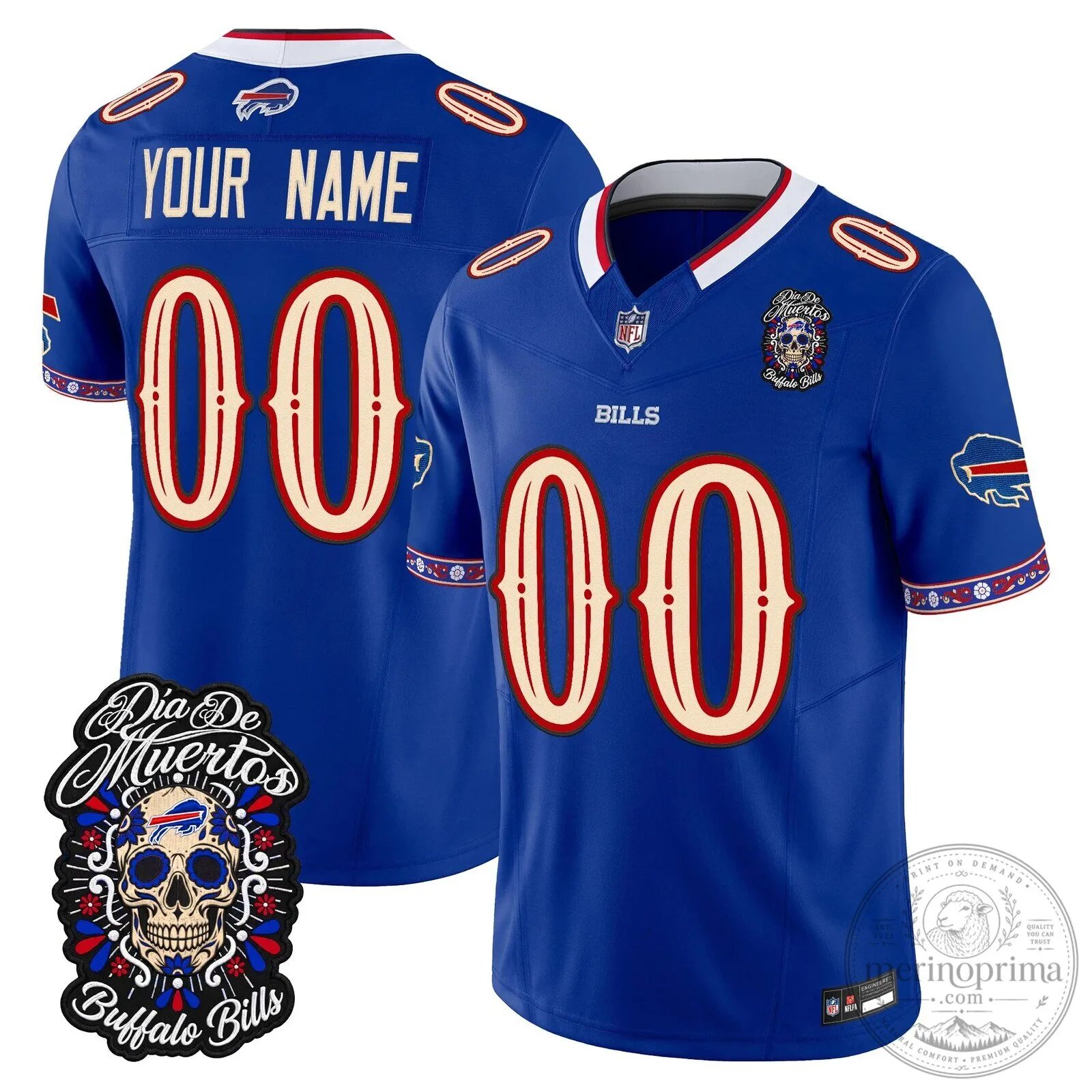 Custom Football Jersey for Buffalo Bills - Dia de los Muertos Design