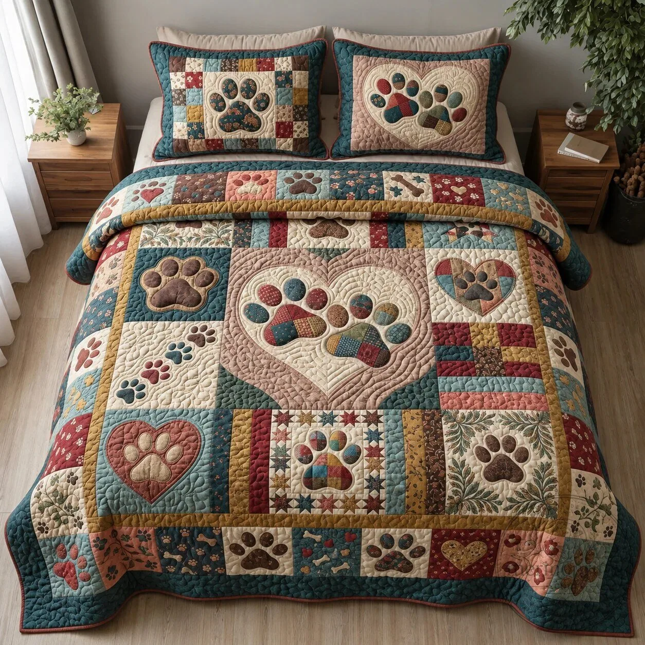 Paw Print Love Heart Patchwork Quilted Bedding Set with Pillow Shams