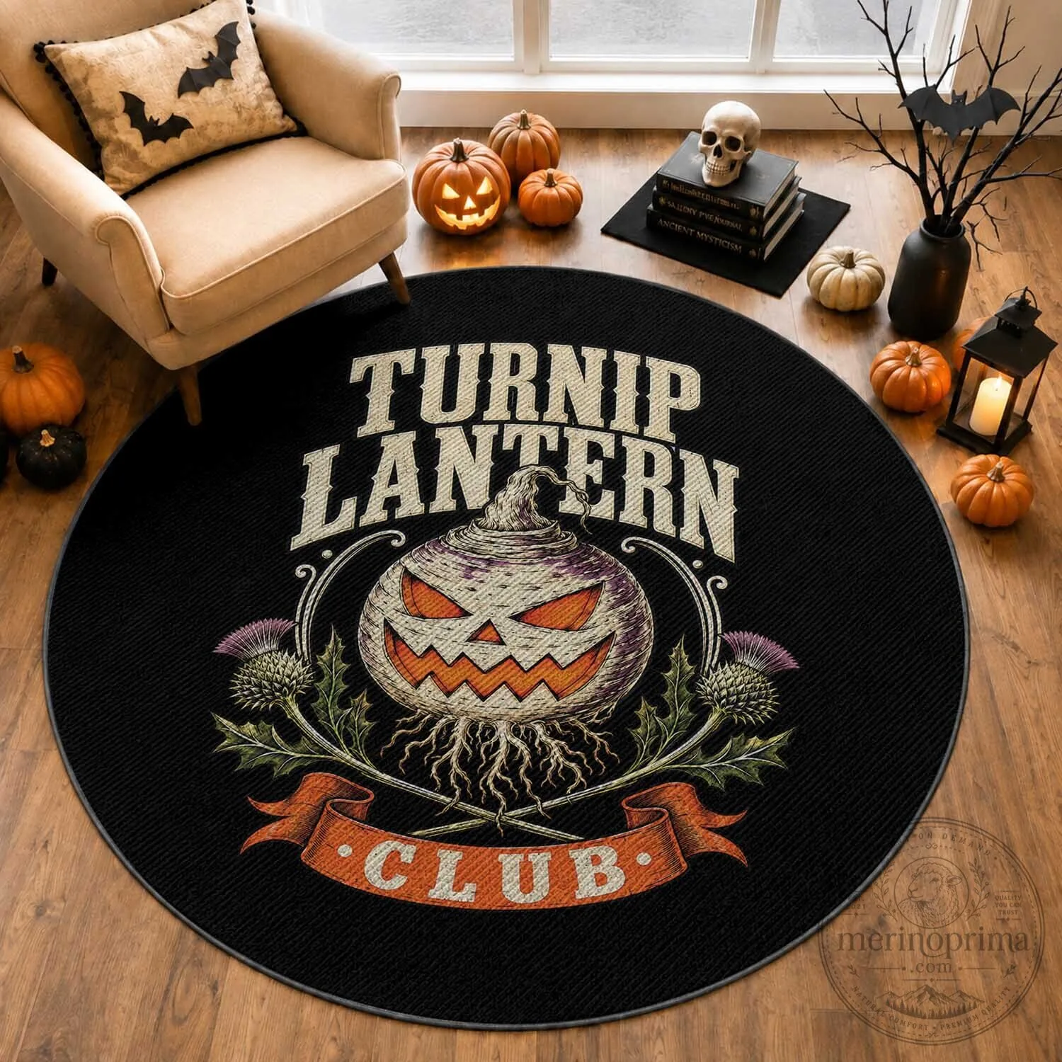 Turnip Lantern Club Halloween Scottish Thistle Vintage Round Rug