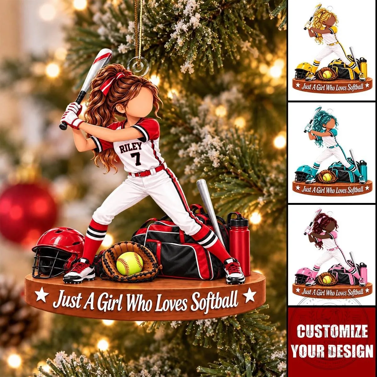 Softball Girl Christmas Ornament, Personalized Player Name Holiday Tree Decoration
