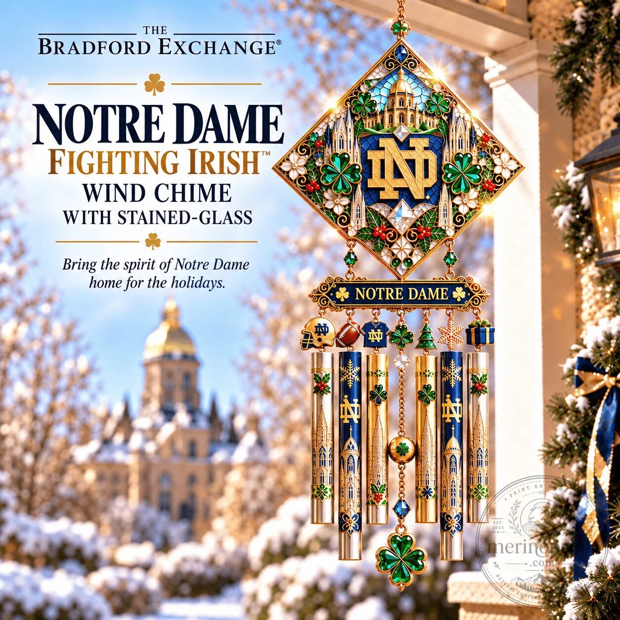 Notre Dame Fighting Irish Stained Glass Christmas Wind Chime