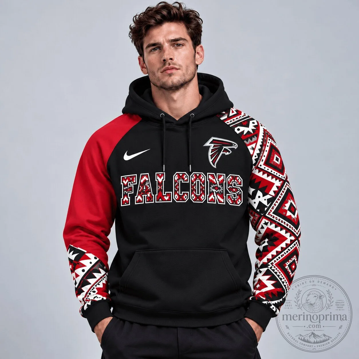 Atlanta Falcons Aztec Inspired Colorblock Pullover Hoodie with Asymmetric Sleeves