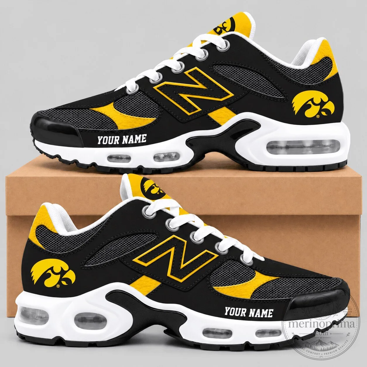 Iowa Hawkeyes NCAA Custom Name Black and Yellow Air Cushion Running Shoes