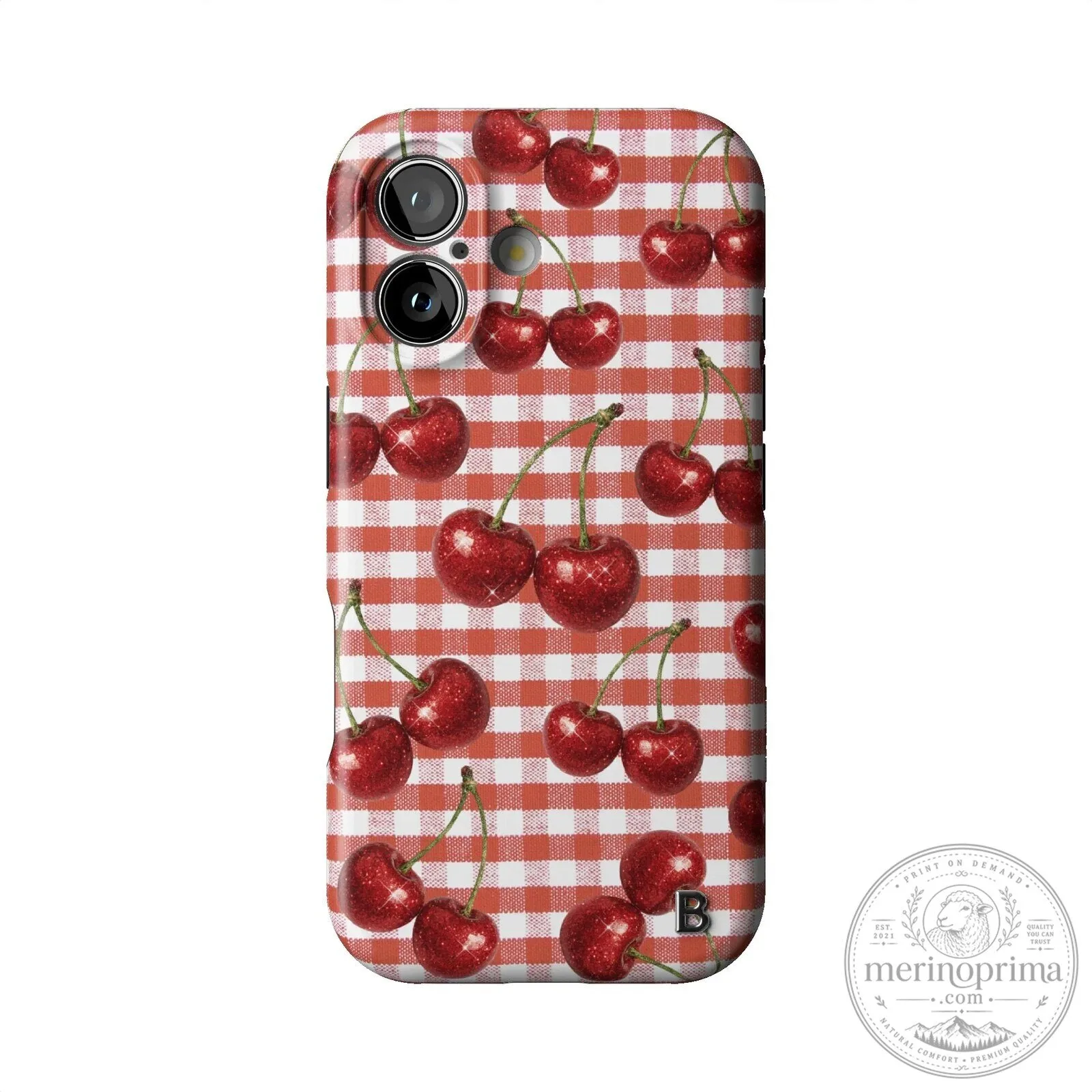 Red Gingham Check Pattern with Glitter Cherry Print iPhone Case