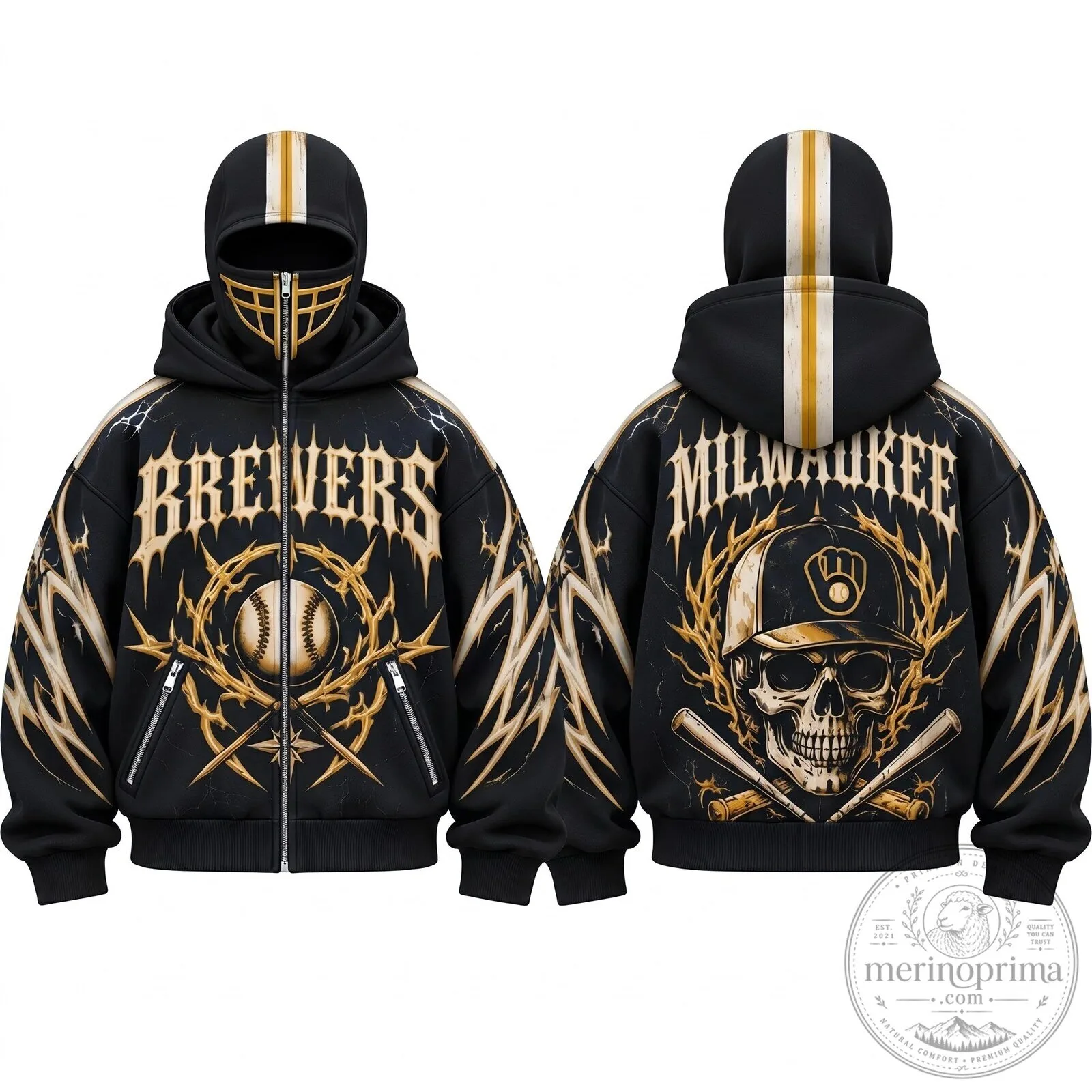 Milwaukee Brewers Baseball Skull Gothic Style Full-Zip Hoodie