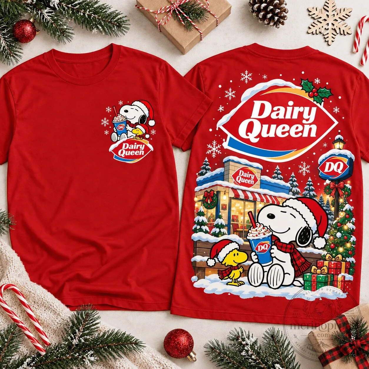 Snoopy And Woodstock Dairy Queen Christmas Restaurant Scene Red T-Shirt