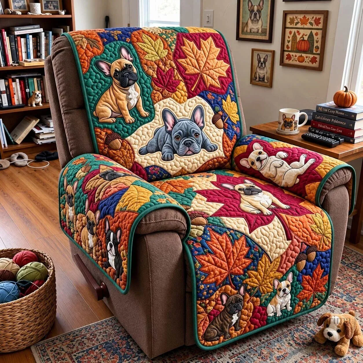 French Bulldog Autumn Leaves Quilted Recliner Sofa Cover