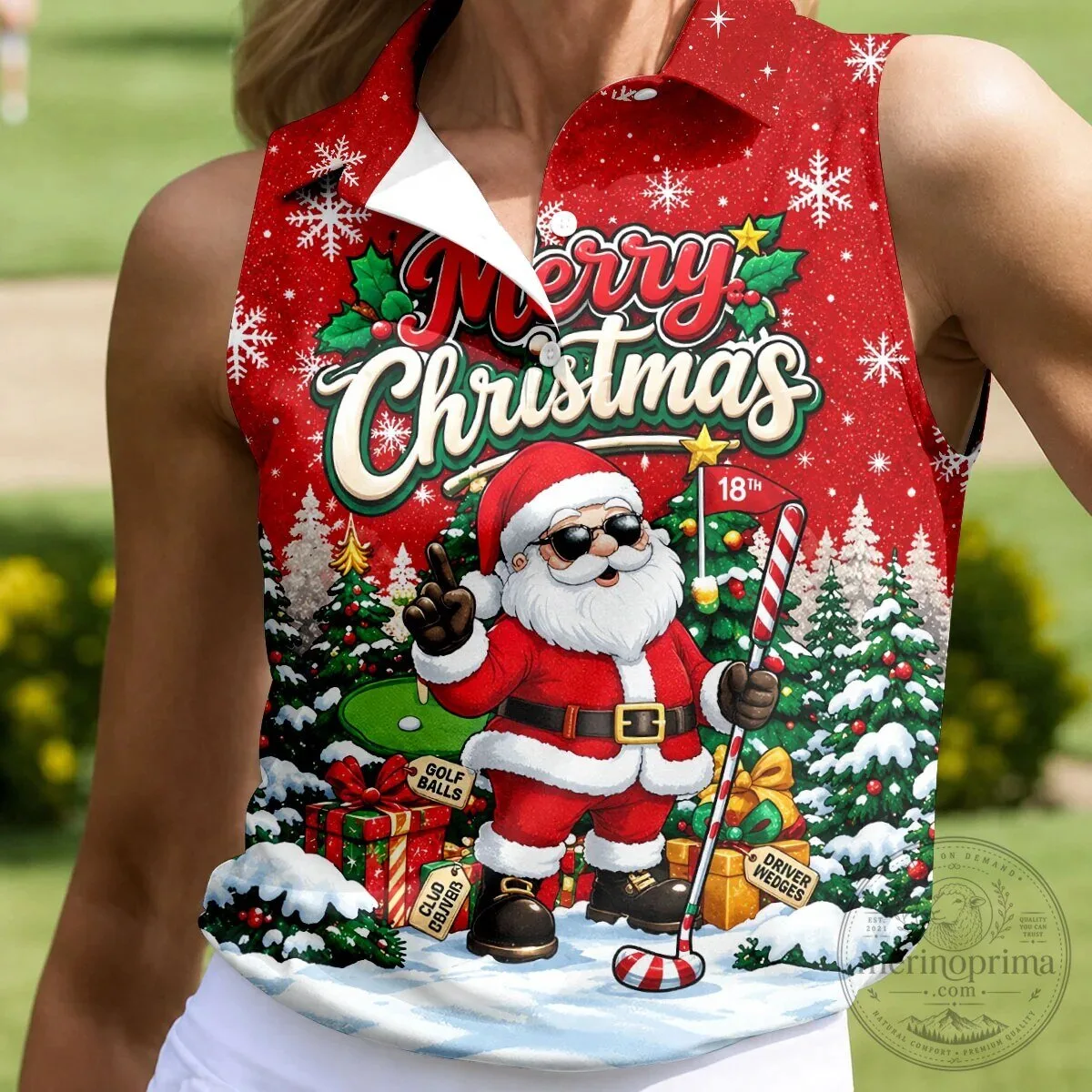Merry Christmas Santa Claus Golfing Sleeveless Polo Shirt